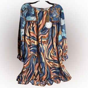 Umgee Women’s XL Boho Mixed Print Tiered Swing Dress Long Sleeve Fall